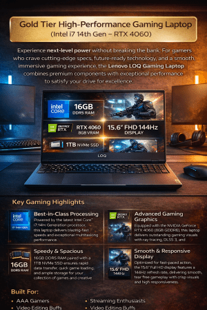 🥇 Gold Tier Gaming Laptop (Intel i7 14th Gen & RTX 4060 – 16GB DDR5)