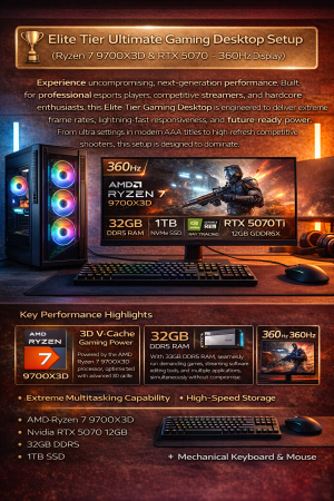 🏆 Elite Tier Ultimate Gaming Desktop Setup (Ryzen 7 9700X3D & RTX 5070 – 360Hz Display)